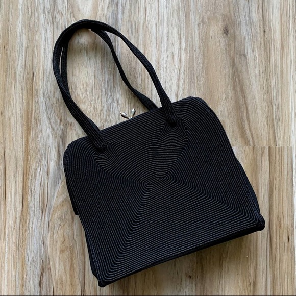 VINTAGE 1940s Black Corde Handbag by Gold Seal - Retro Handbag - Picture 14 of 15